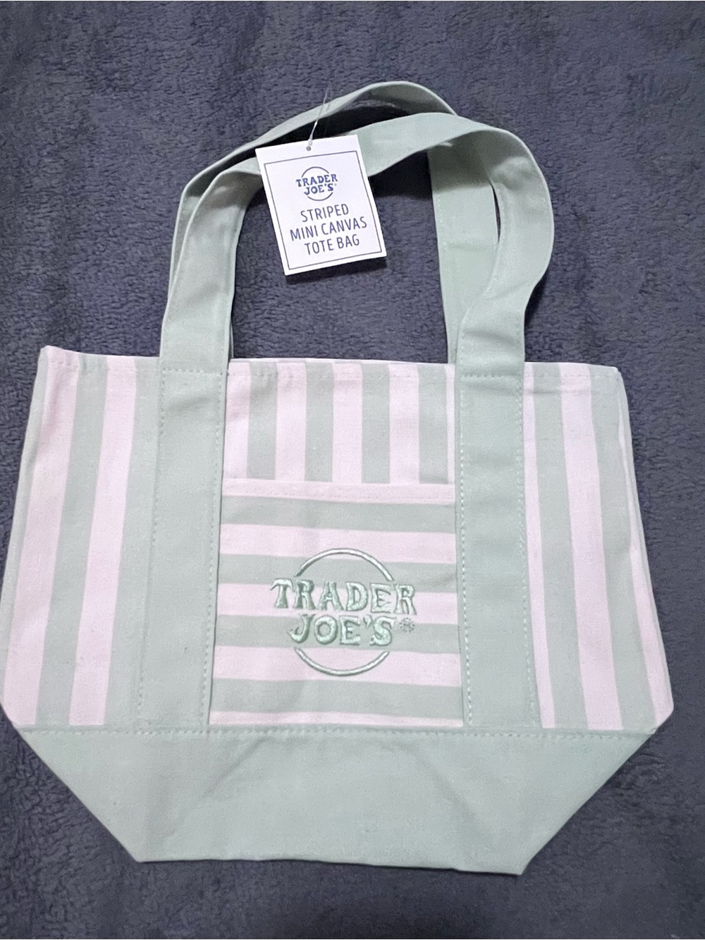 NWT Trader Joe’s Mint & White Striped Mini Canvas Tote Bag